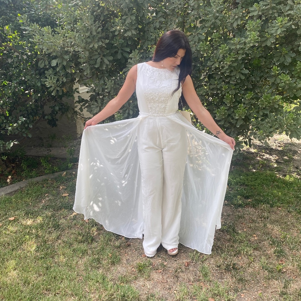 White Jumpsuit with Cape Skirt